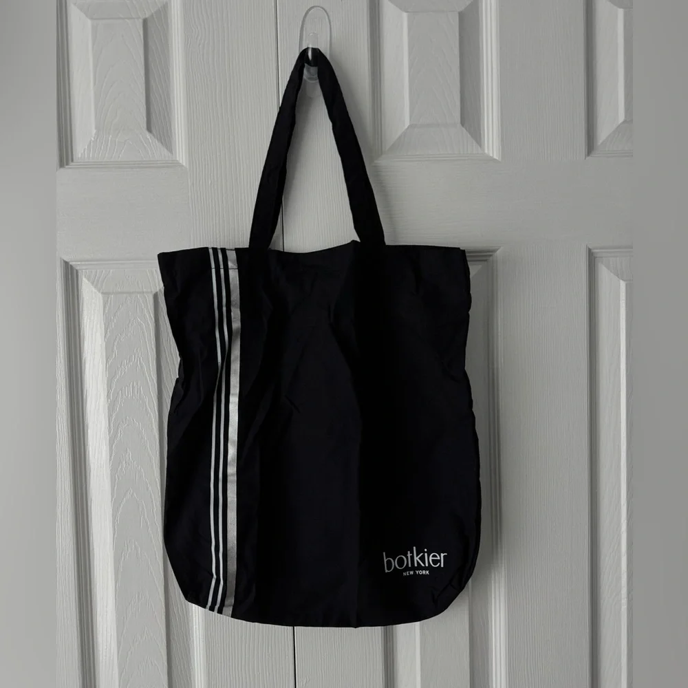 Botkier New York Black Canvas Tote Bag Silver Vertical Stripe & Logo